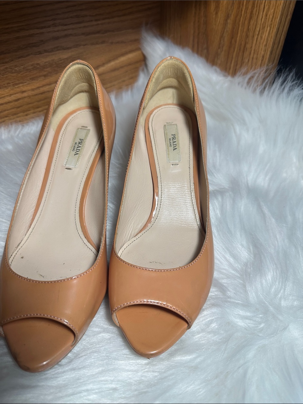 Prada Peach Patent Leather Peep-Toe Pumps
